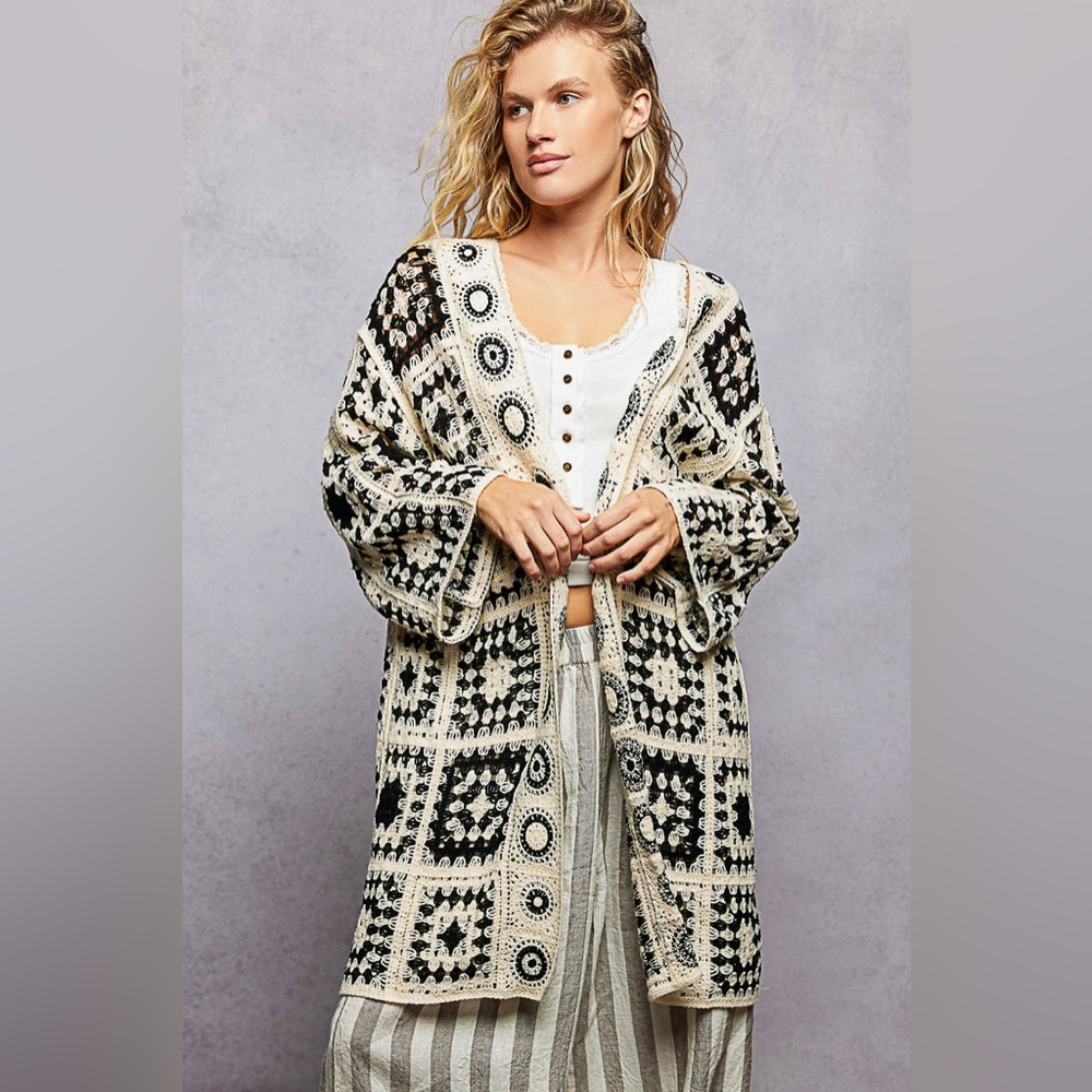 NEW POL Black Granny Square Crochet Open Front Boho Cardigan OS